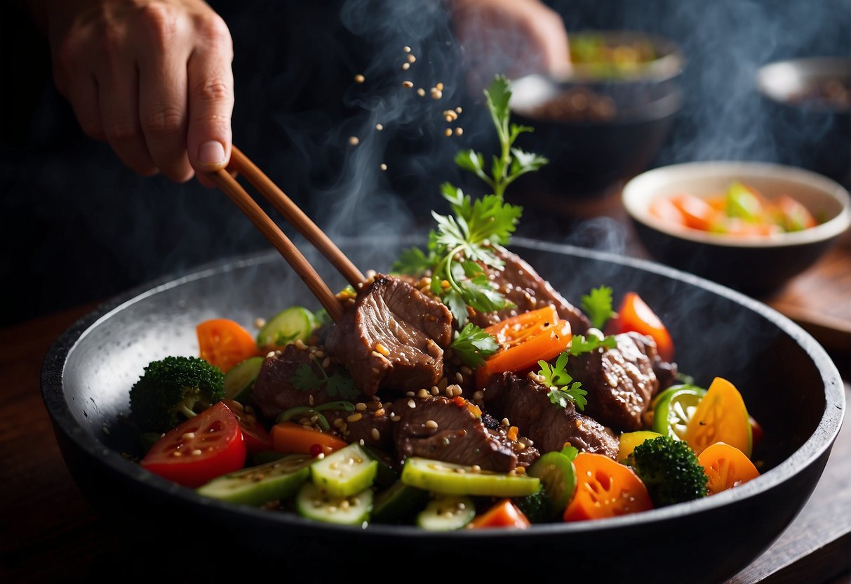 A sizzling wok tosses marinated beef tongue with aromatic spices and vegetables, creating a mouthwatering Chinese dish