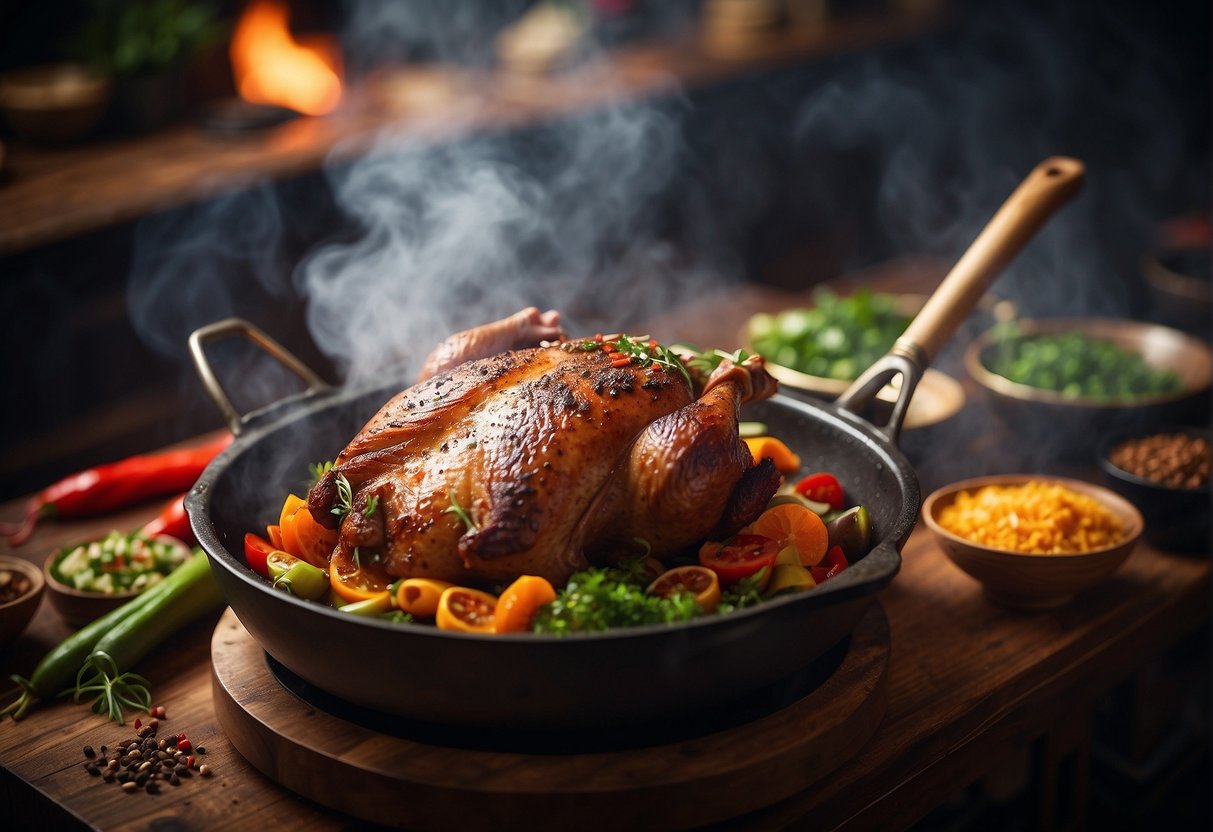 A duck leg sizzling in a hot wok, surrounded by vibrant Chinese spices and herbs. Steam rises as the meat browns, creating an enticing aroma