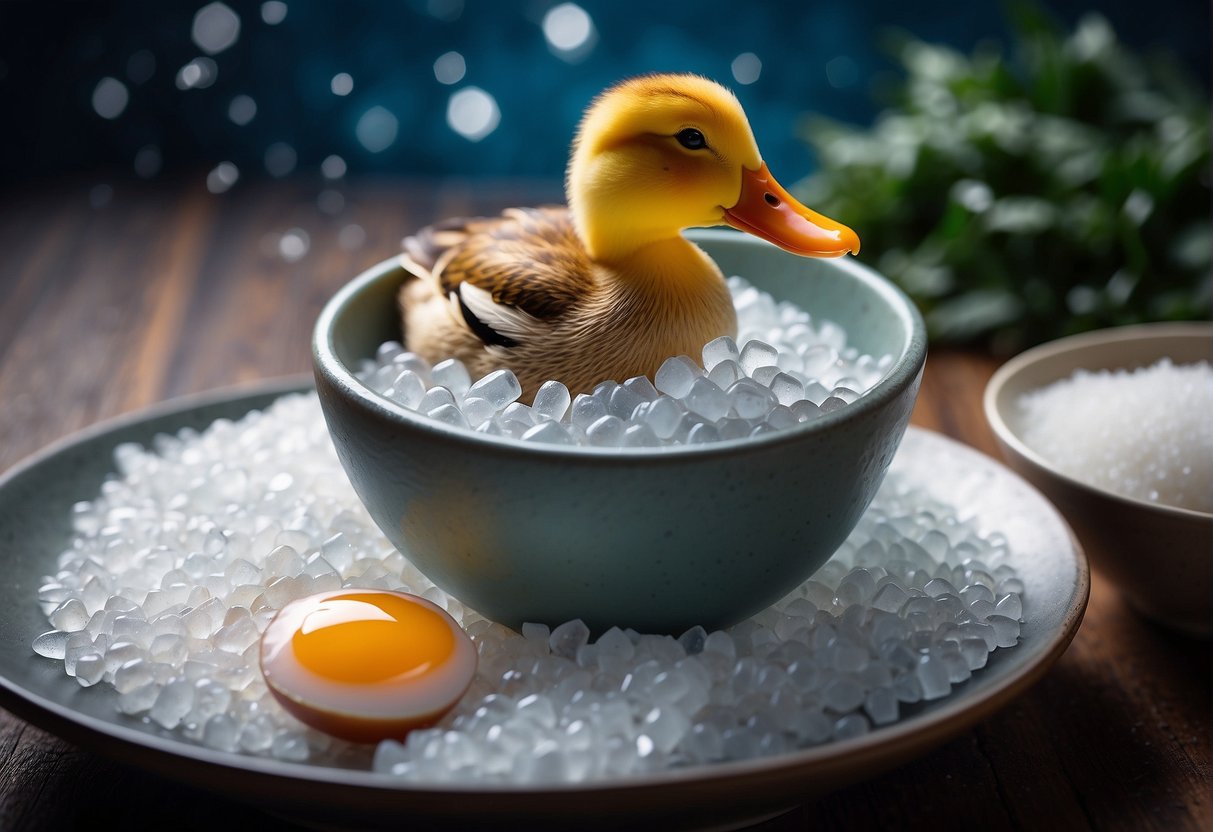 A duck egg sits in a bowl of salt brine, surrounded by scattered salt crystals and a small dish of soy sauce