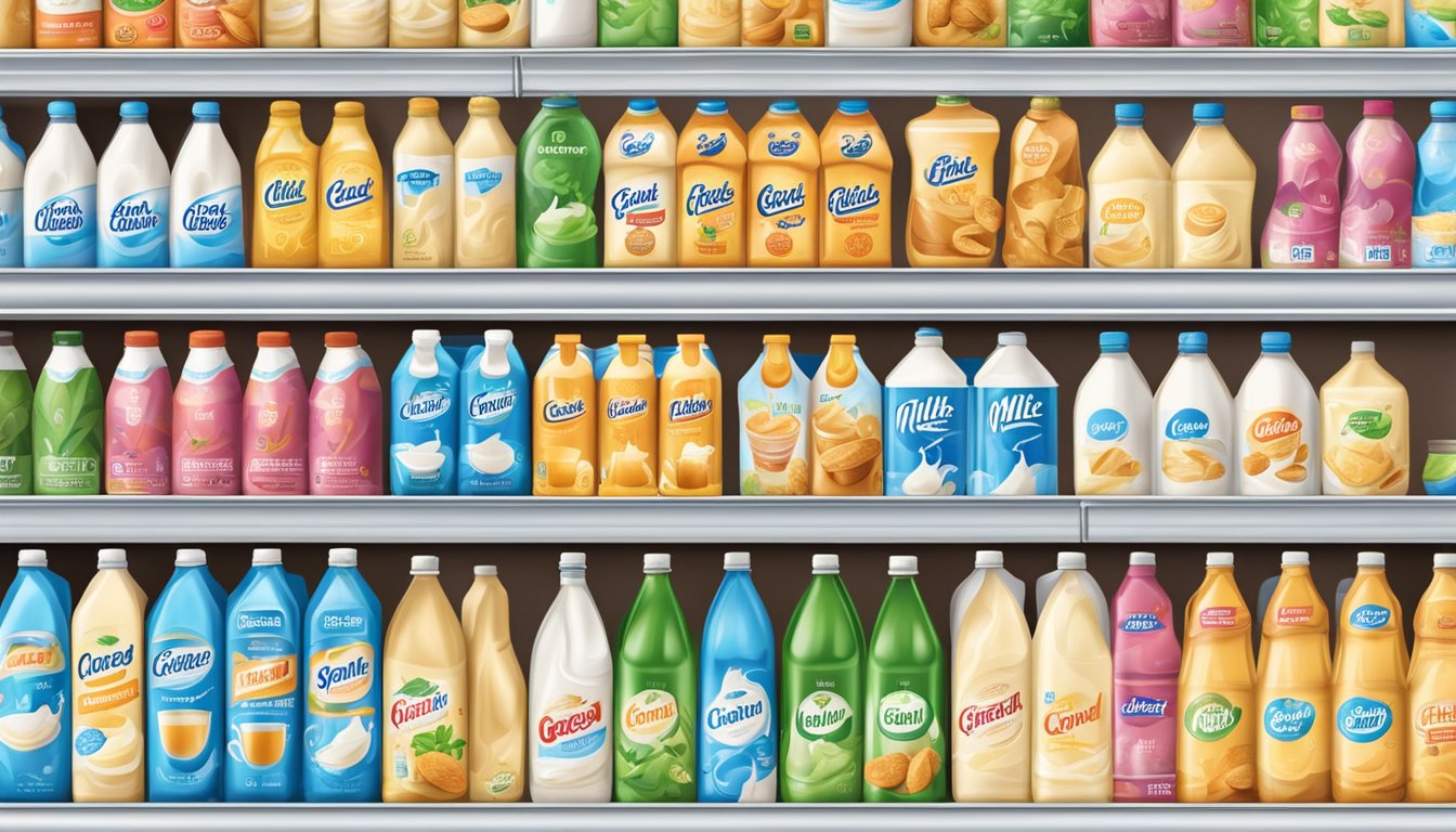 A variety of milk drink brands displayed on a supermarket shelf