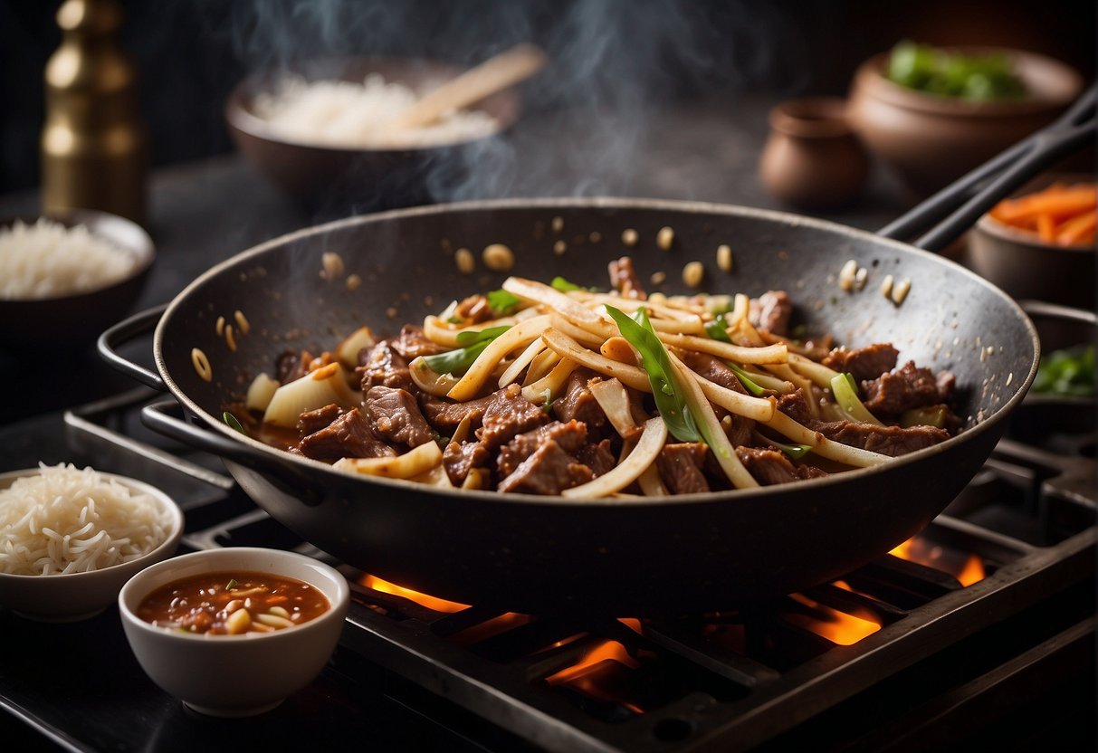 A sizzling wok cooks tender beef strips with crunchy bamboo shoots, sizzling in a savory Chinese stir-fry sauce