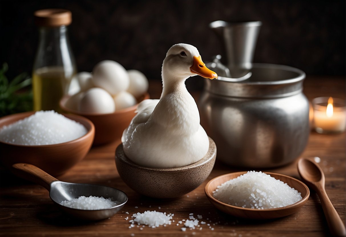 A hand holding a duck egg, surrounded by a bowl of salt and a jar of brine. A pot of boiling water and a wooden spoon sit nearby