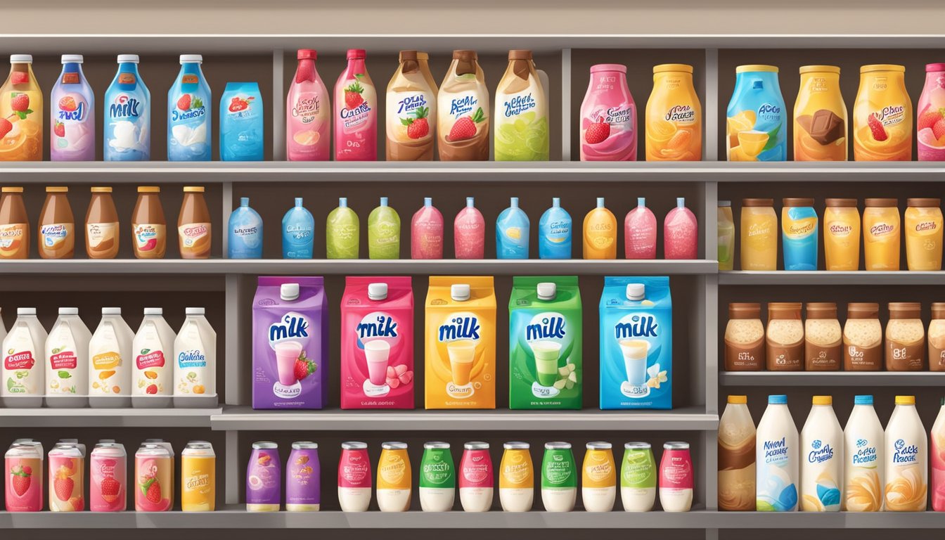 Various milk drink brands displayed on shelves, with colorful packaging and different flavors. Labels show options like chocolate, strawberry, and vanilla