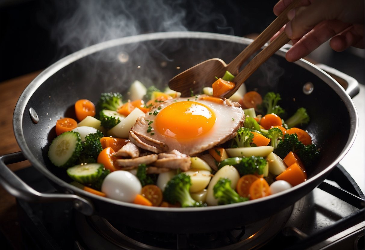 A wok sizzles with diced vegetables and sliced duck eggs. A chef adds a pinch of salt, creating a fragrant aroma