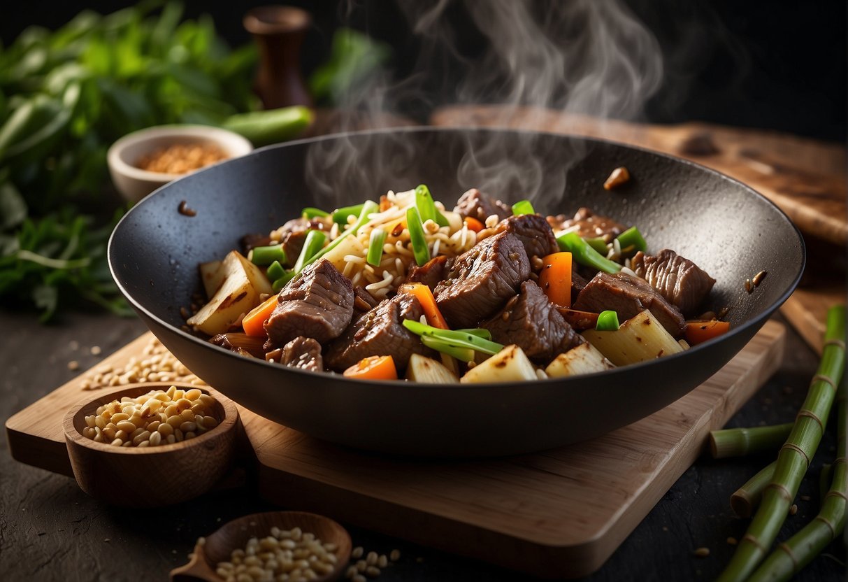 Sizzling beef and bamboo stir-fry in a wok, surrounded by vibrant green and brown bamboo shoots, garlic, and ginger, with a splash of soy sauce