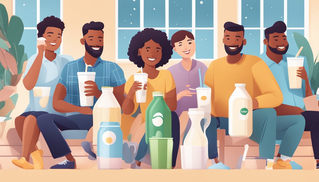 A diverse group of people enjoying milk drinks from various accessible brands, with a focus on consumer insights and preferences