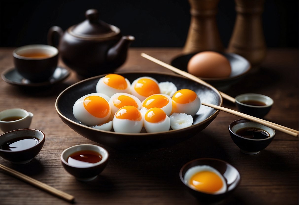 A plate of salted duck eggs surrounded by chopsticks and a teacup. A bowl of soy sauce sits beside the eggs