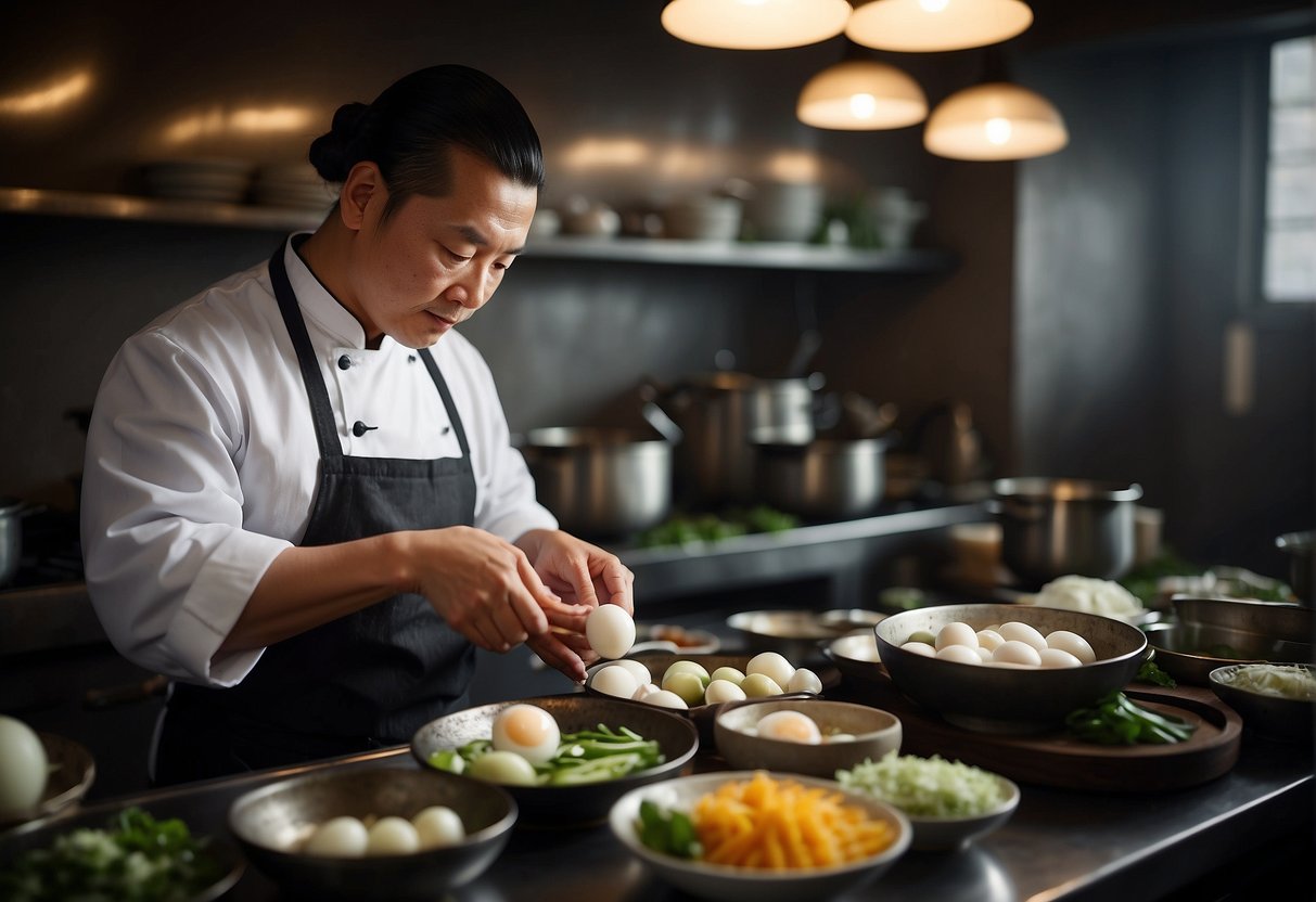 A Chinese chef prepares a variety of duck egg recipes, showcasing the importance of health and nutrition in traditional cuisine