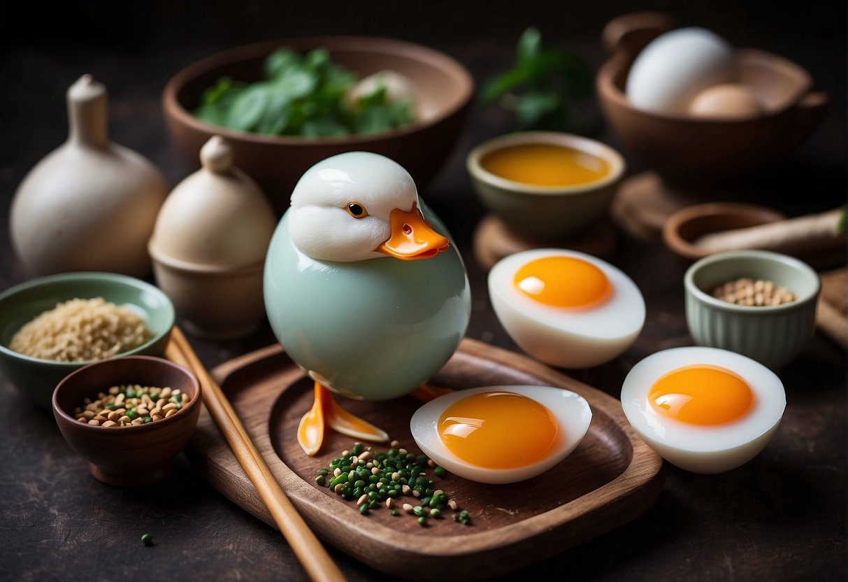 A duck egg surrounded by Chinese ingredients and cooking utensils