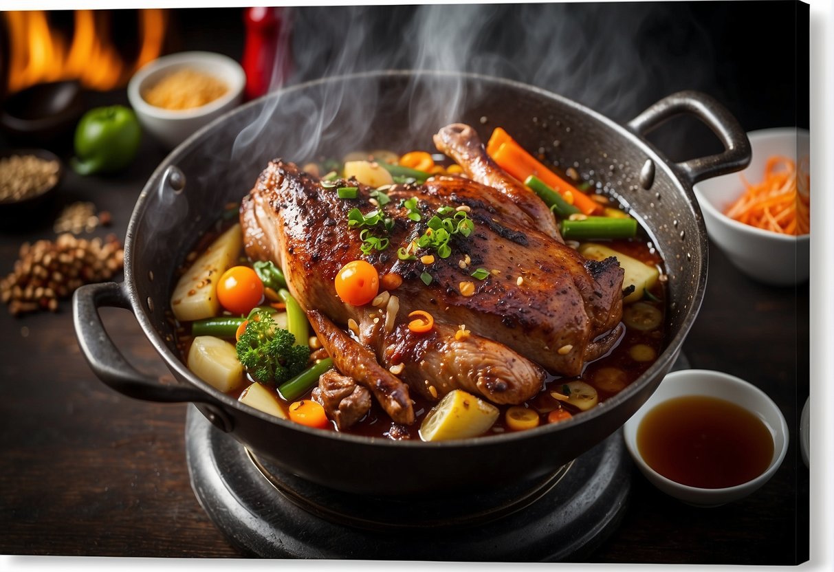 A duck leg sizzling in a wok with Chinese spices, surrounded by steaming vegetables and a bubbling sauce