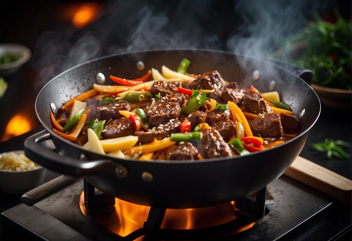 Sizzling wok with beef, bamboo shoots, and aromatic spices. Steam rising, vibrant colors, and savory aroma fill the kitchen