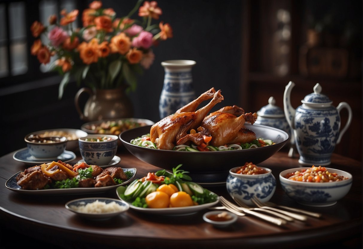 A table set with Chinese duck leg dishes, surrounded by traditional Chinese decor and serving utensils