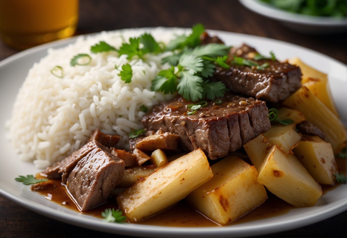 A plate of Chinese beef with bamboo shoots, garnished with fresh cilantro and served alongside steamed white rice