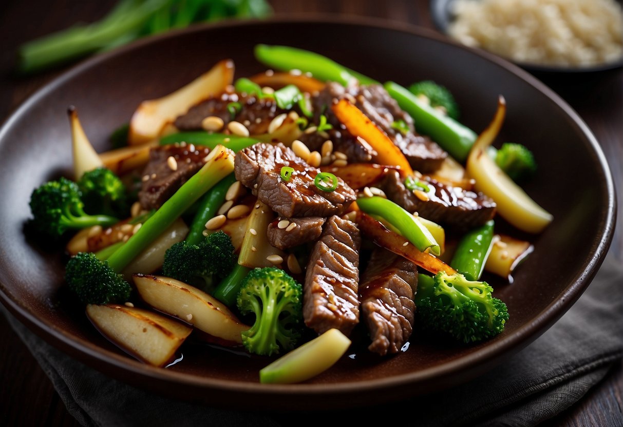 A sizzling wok stir-fries marinated beef strips, bamboo shoots, and vibrant green vegetables in a fragrant blend of soy sauce, garlic, and ginger