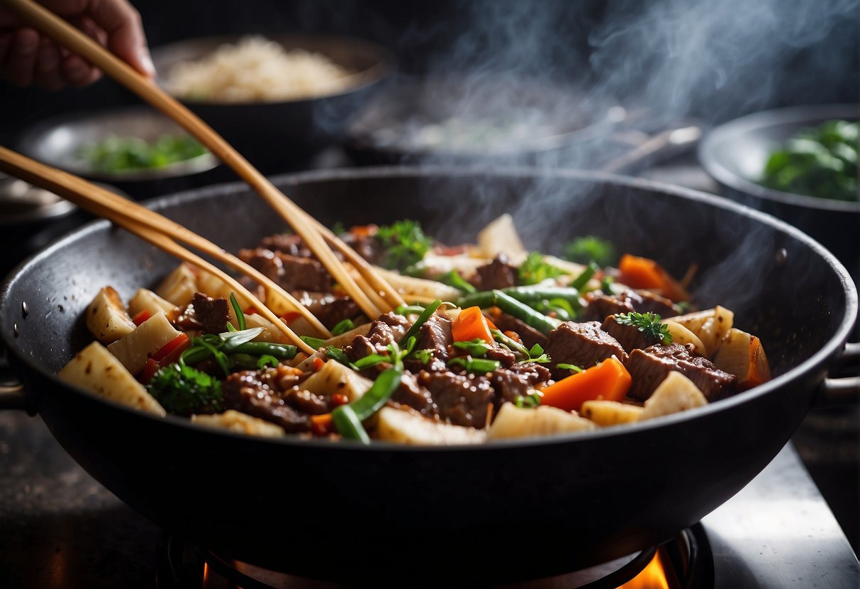 A wok sizzles as beef and bamboo shoots are stir-fried in a fragrant sauce. Steam rises, filling the kitchen with savory aromas