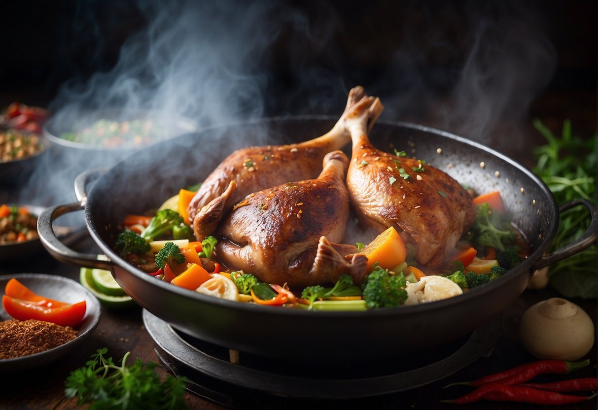 A duck leg sizzling in a hot wok surrounded by Chinese spices and herbs, with steam rising and a fragrant aroma filling the air