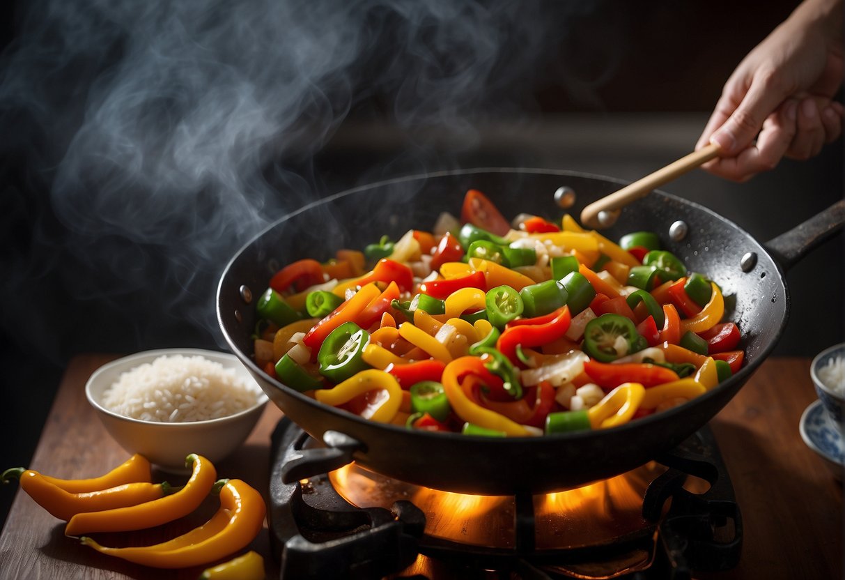 A wok sizzles with diced bell peppers, garlic, and ginger in hot oil. Soy sauce and rice vinegar are added, creating a savory aroma