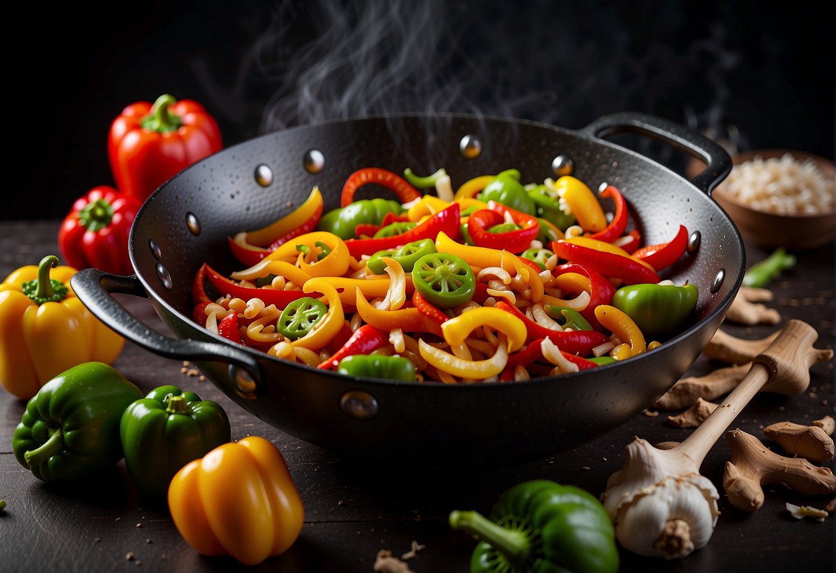 A wok sizzles with sliced bell peppers, garlic, and ginger in a fragrant stir-fry sauce. Soy sauce and sesame oil sit nearby
