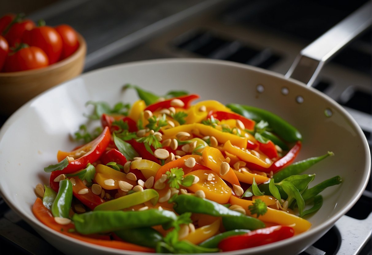 Chinese bell peppers being sliced, seeds removed, and marinated in soy sauce, ginger, and garlic. A wok heats on a stovetop