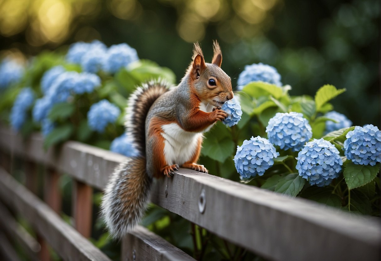 A squirrel perched on a fence, nibbling on a hydrangea bush