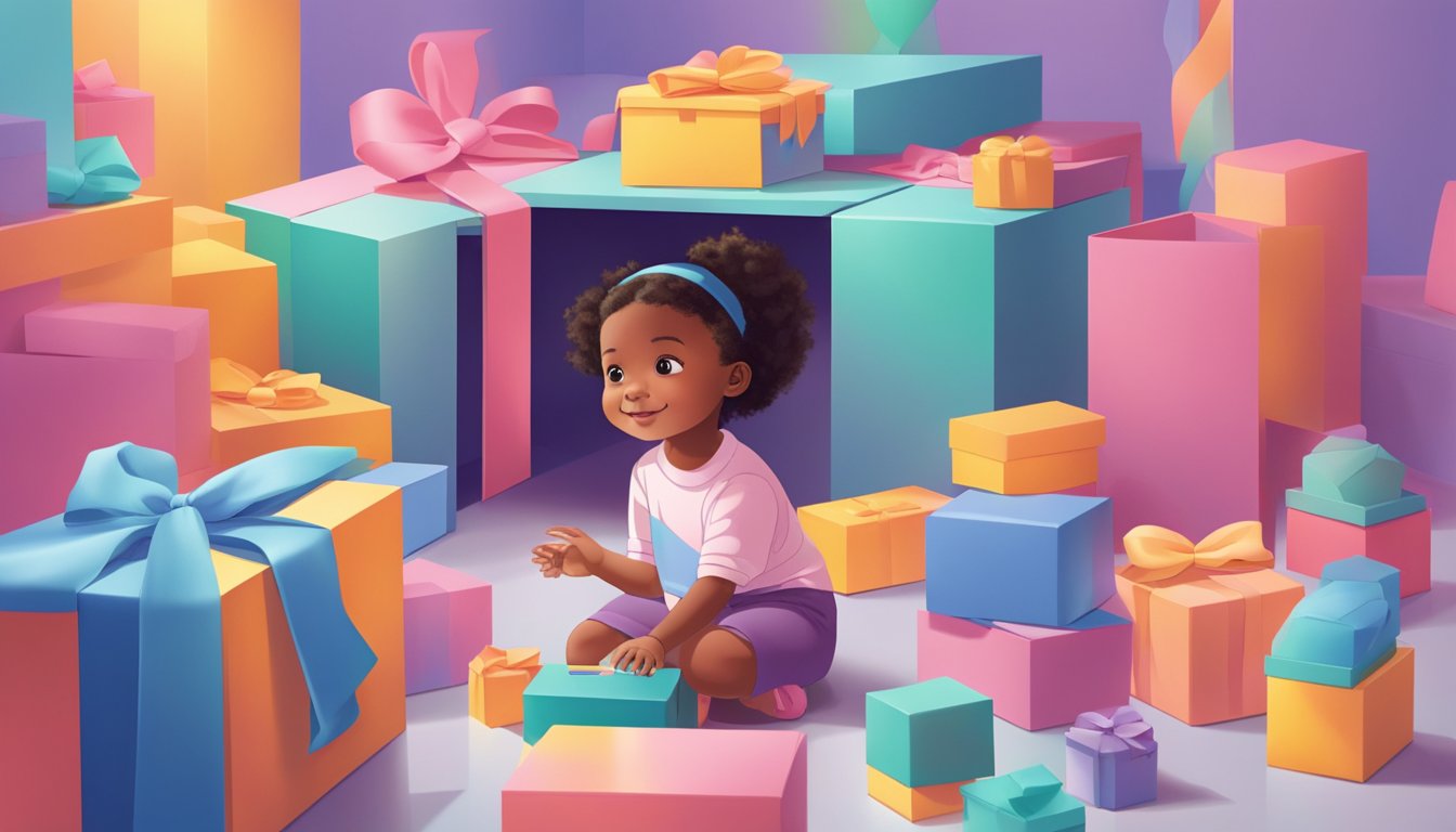 A child's hand reaches into a colorful box, revealing a pair of Mini Melissa shoes nestled inside. The child's face lights up with excitement as they discover the brand for the first time