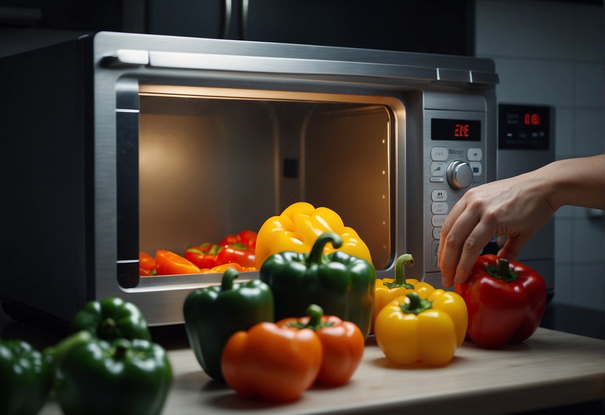 Bell peppers and other vegetables are being chopped and stored in airtight containers. A person is seen reheating the Chinese bell pepper dish in a microwave
