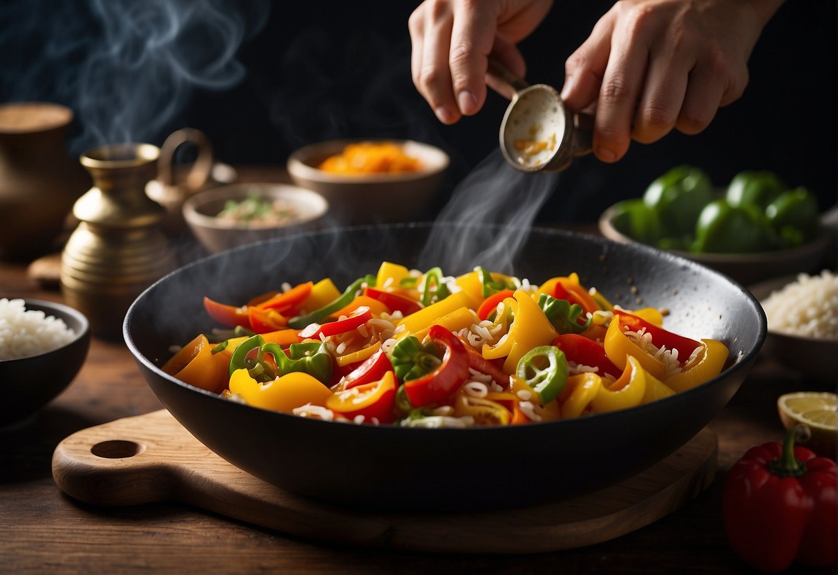A wok sizzling with diced bell peppers, garlic, and ginger. A hand adds soy sauce and tosses the ingredients. A bowl of steamed rice sits nearby