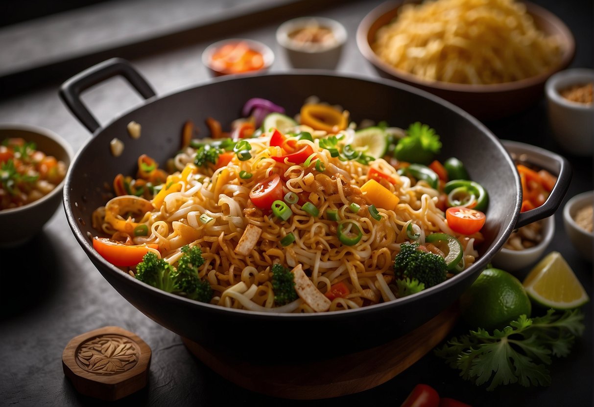 A wok sizzles with crispy noodles, colorful vegetables, and tangy sauces, creating a mouthwatering Chinese bhel dish