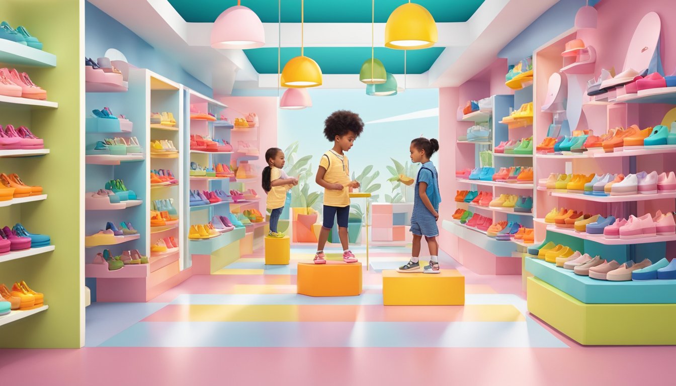 Children happily browsing colorful Mini Melissa shoes in a bright, modern store with playful displays and a friendly staff