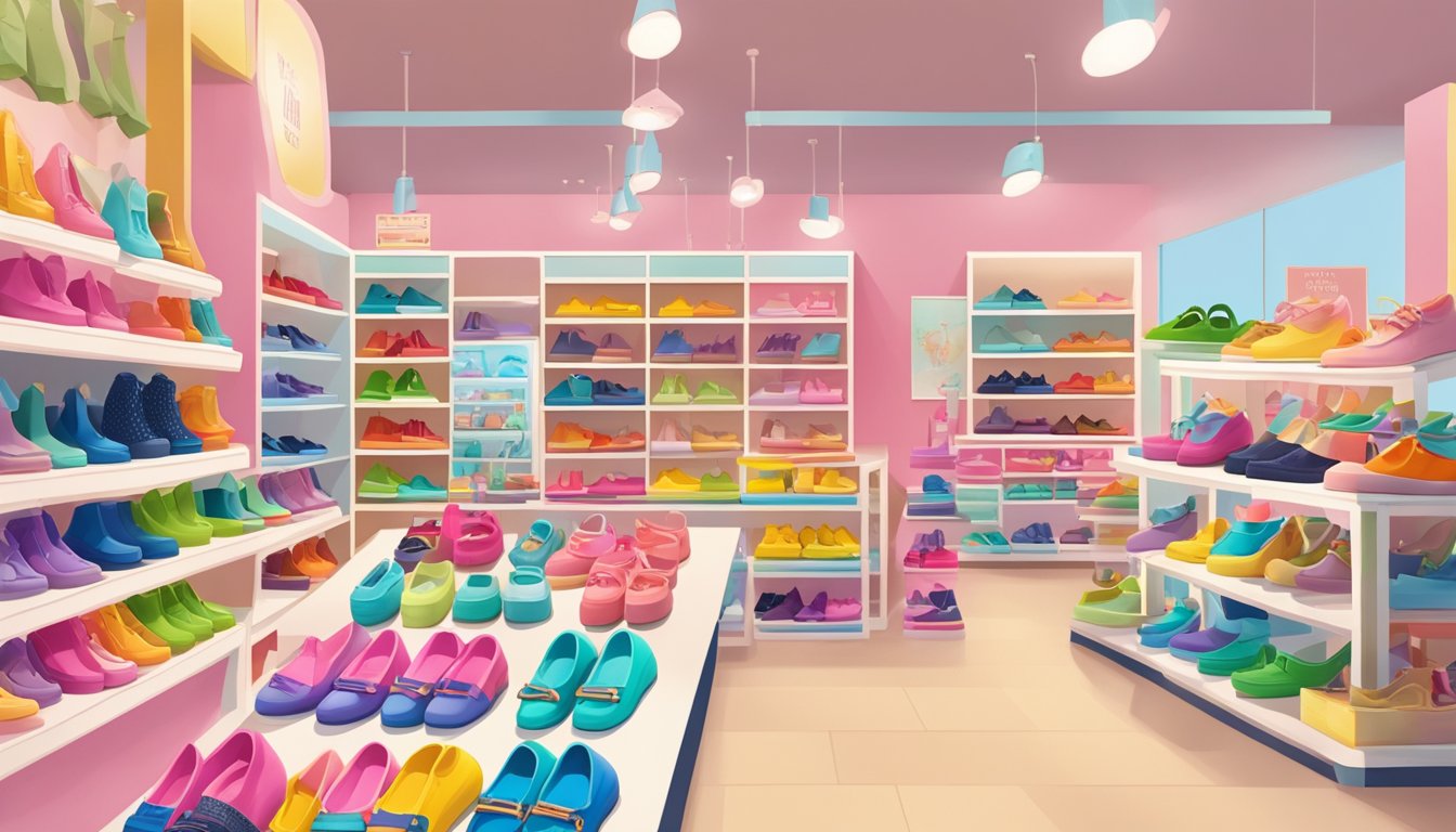 A colorful display of mini Melissa shoes with a sign reading "Frequently Asked Questions" in a busy children's shoe store
