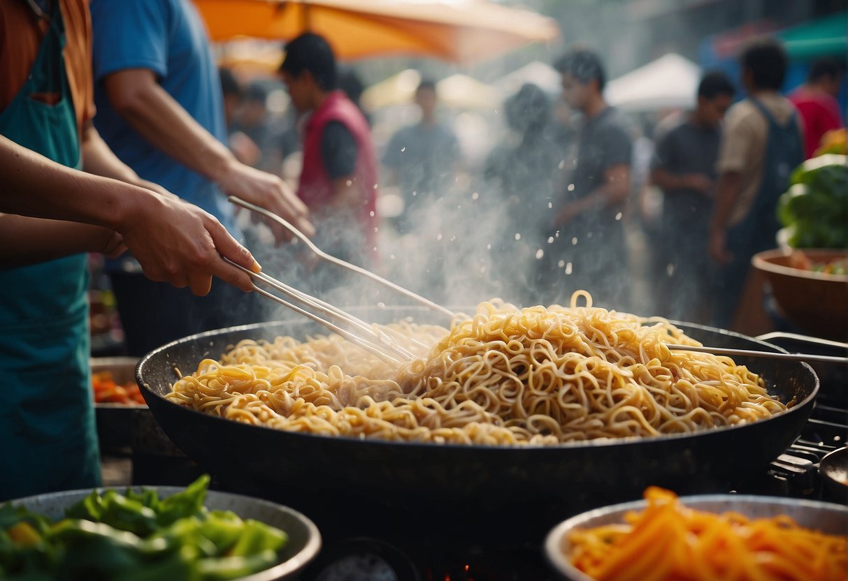 A bustling street market with vendors frying noodles, tossing in colorful vegetables, and drizzling with tangy sauces
