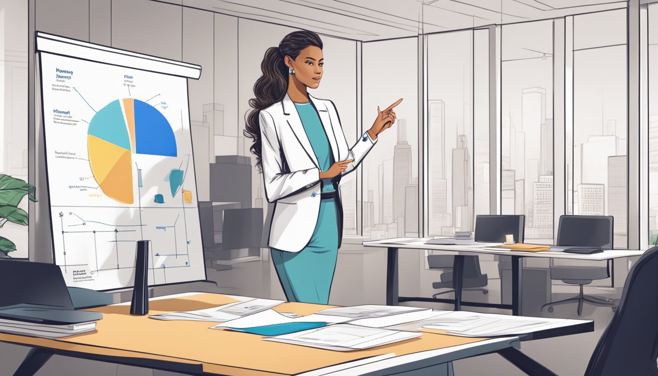 A sleek, modern office setting with charts, graphs, and fashion sketches on a presentation board. A confident presenter gestures towards the visuals, conveying a strong business strategy and market analysis for a fashion brand pitch deck
