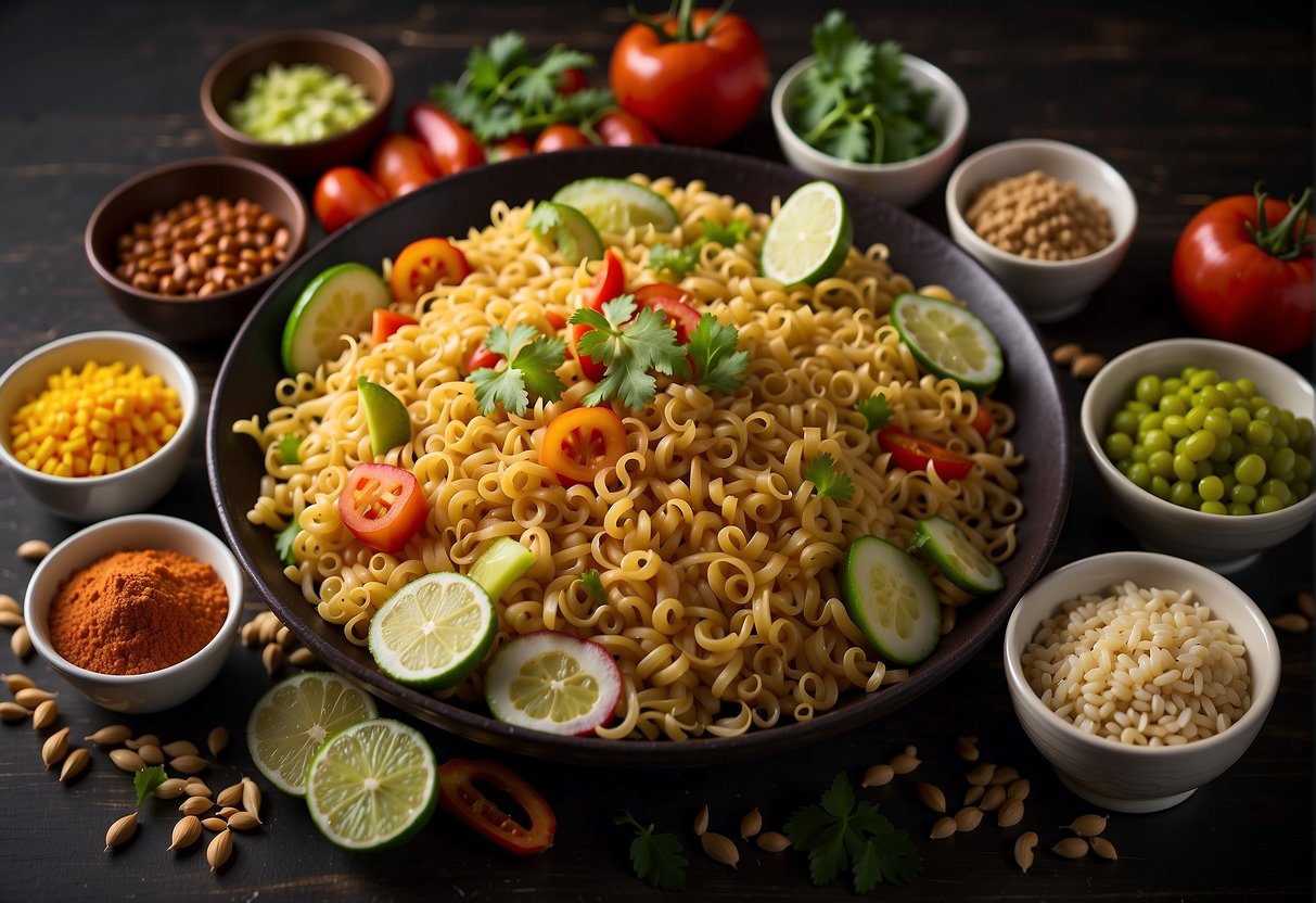 A table with various ingredients: noodles, vegetables, sauces, and spices laid out for a Chinese bhel recipe
