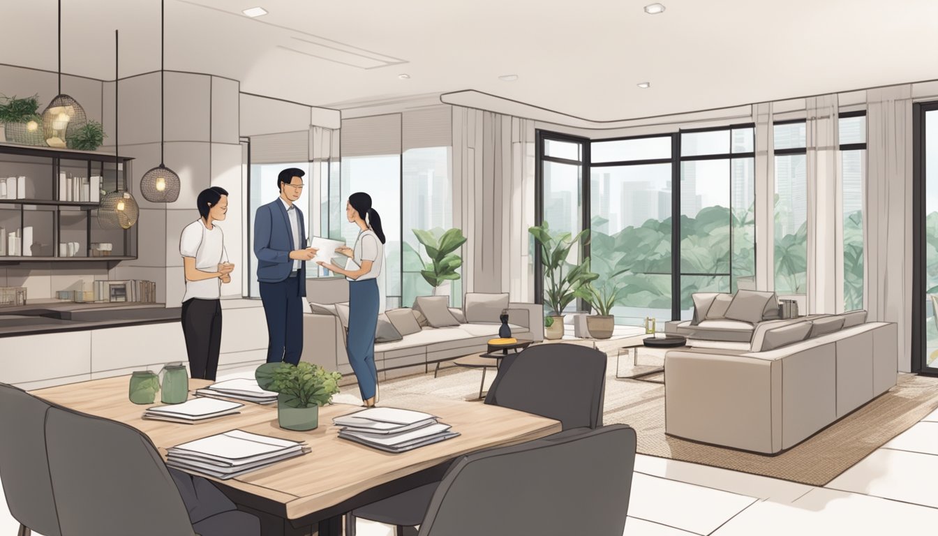 A couple examines a modern home in Singapore, discussing with a real estate agent. The agent presents brochures and explains the buying process