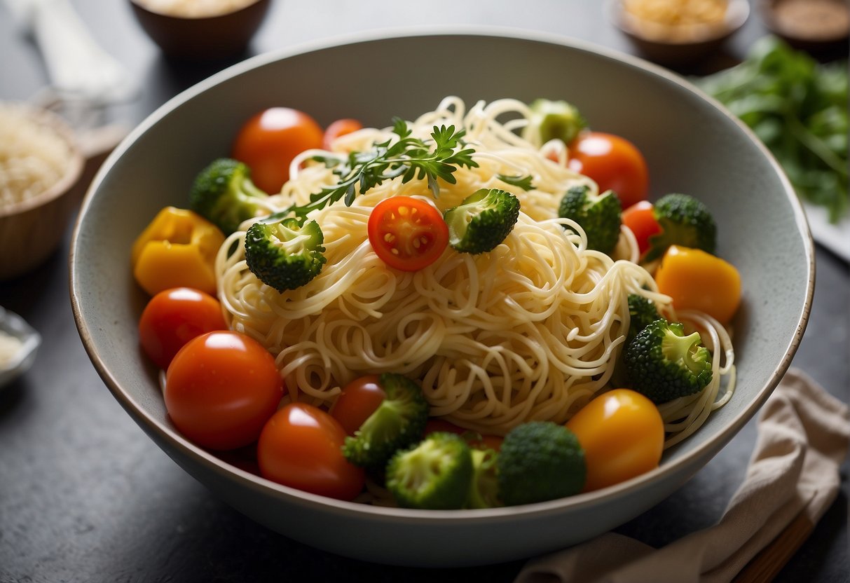 Vegetables, noodles, and sauces mix in a large bowl. A chef tosses and stirs the ingredients together