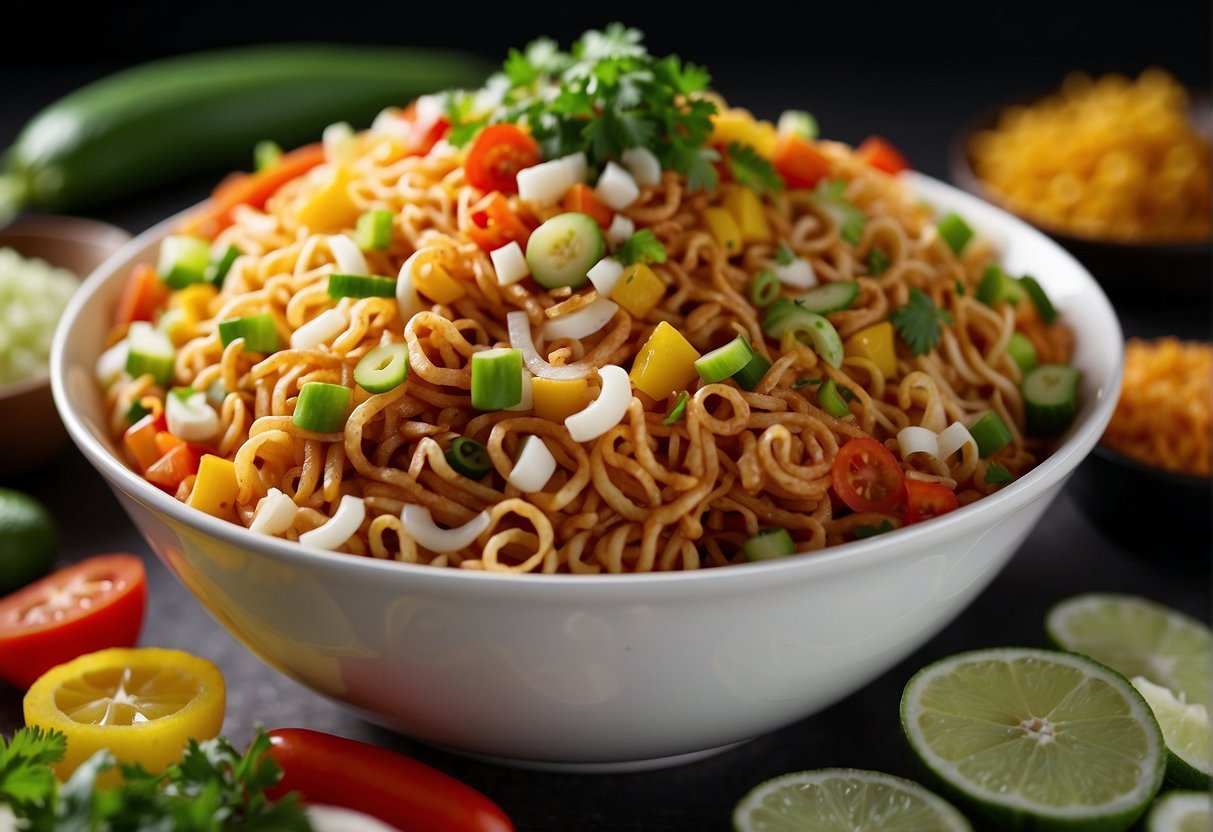 A hand sprinkles crispy noodles over a colorful mix of veggies, sauces, and spices in a white bowl, ready to be served as Chinese bhel