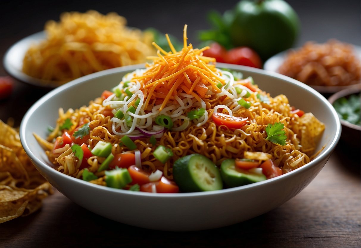 A colorful array of fresh vegetables, crispy noodles, and tangy sauces are being tossed together in a large bowl, creating a vibrant and flavorful Chinese bhel dish