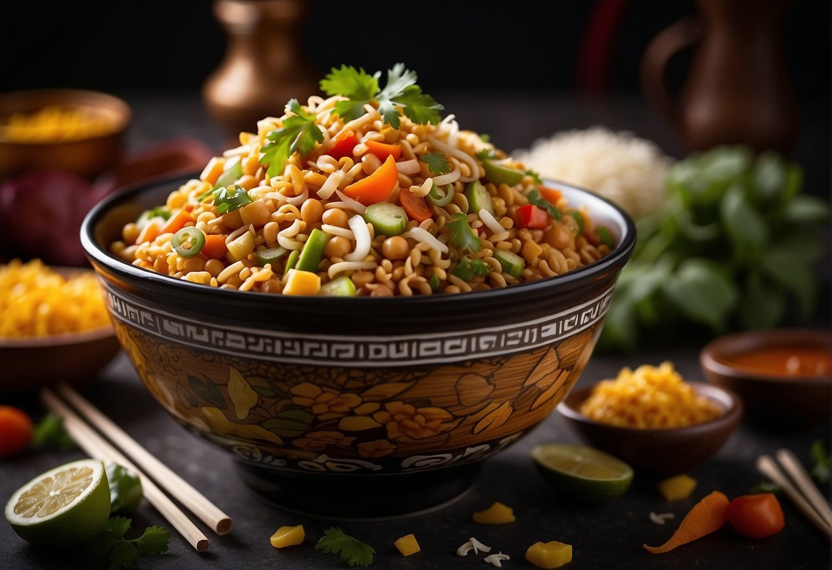 A bowl of Chinese bhel surrounded by ingredients like noodles, vegetables, and sauces, with a pair of chopsticks resting on the side