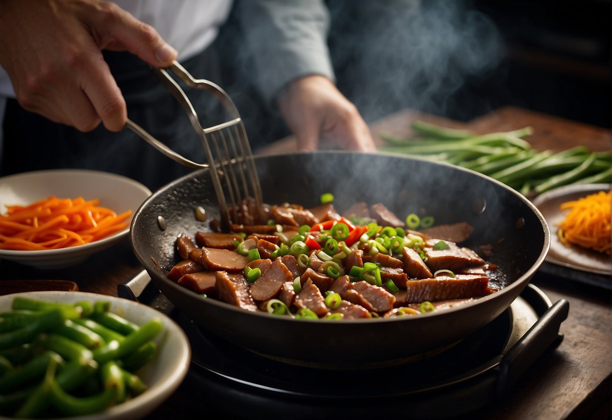 A chef slices duck liver and stir-fries it with ginger, garlic, and soy sauce in a sizzling wok. Green onions and red chili peppers add color and flavor
