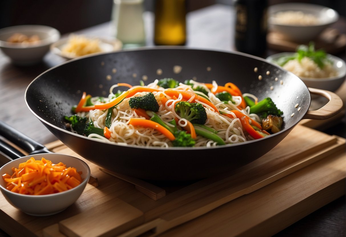 A wok sizzles with stir-fried vegetables and rice noodles, while soy sauce and sesame oil are drizzled over the dish