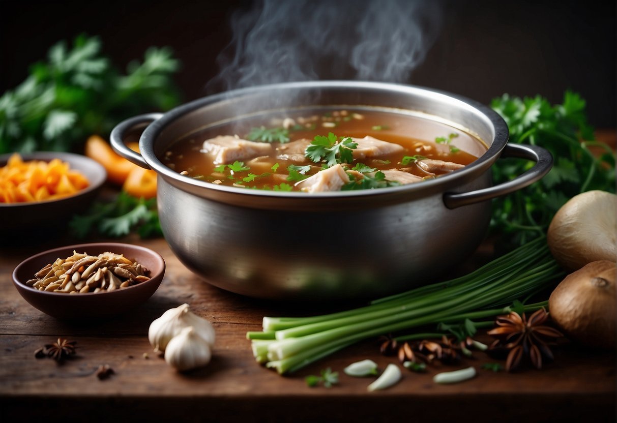 A large pot boils with aromatic duck, ginger, and star anise in a savory broth. Green onions and cilantro wait on the side