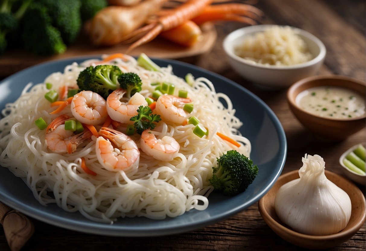 A table with ingredients: rice noodles, soy sauce, garlic, carrots, cabbage, chicken, and shrimp. Possible substitutes: tofu, mushrooms, or broccoli