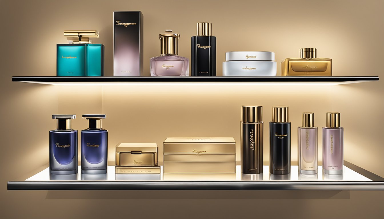 A display of Ferragamo luxury brand products arranged on a sleek, modern shelf with soft, ambient lighting highlighting the exquisite craftsmanship and elegant design
