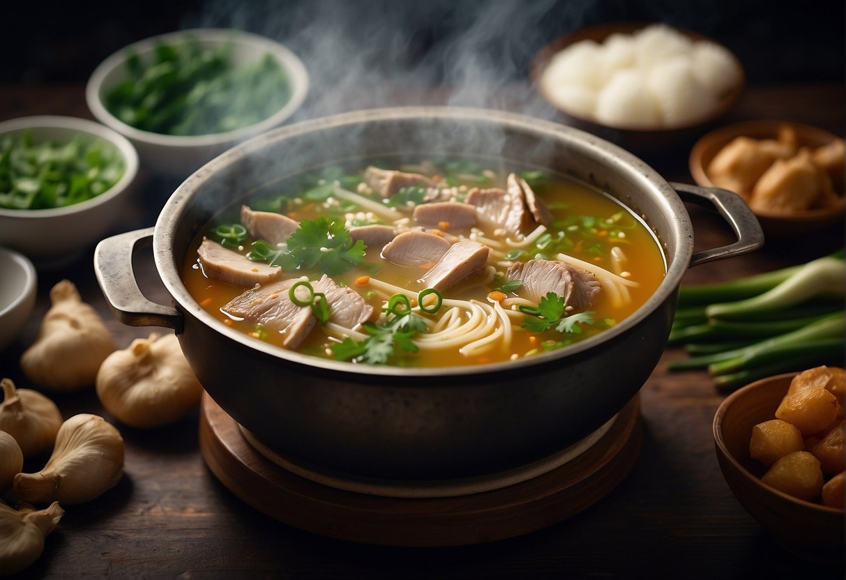 A steaming pot of Chinese duck soup simmers on a stove, filled with tender pieces of duck, ginger, and scallions, surrounded by traditional Chinese spices and herbs