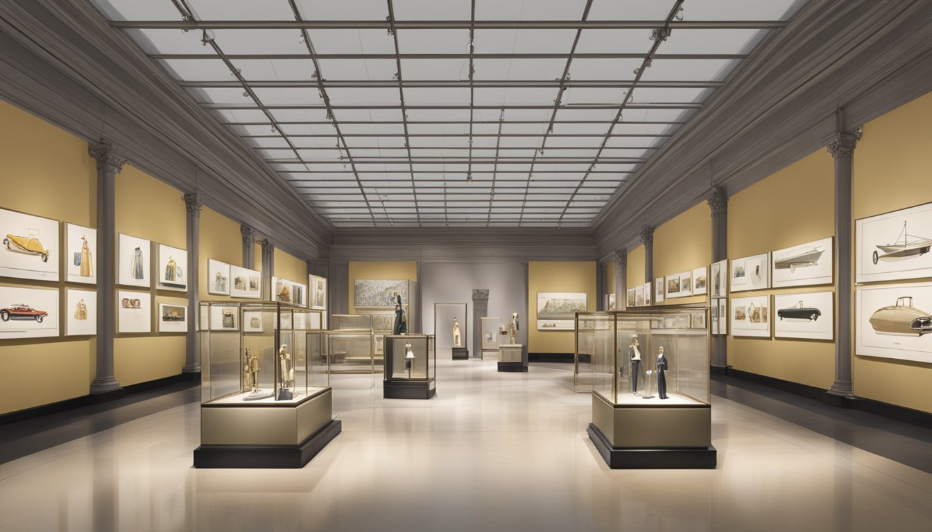 A timeline of Ferragamo's iconic designs and innovations, from the early 20th century to the present day, displayed in a grand museum setting