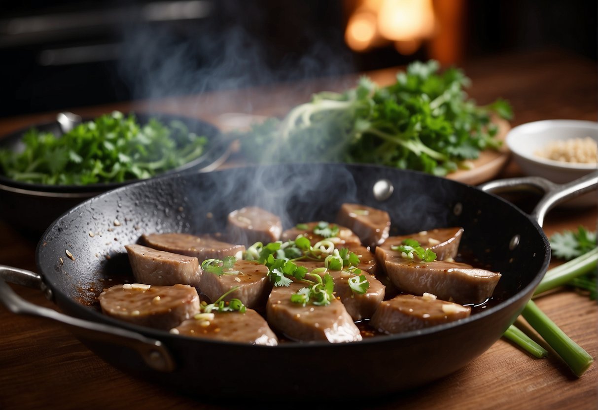 Duck liver sizzling in a wok with ginger, garlic, and soy sauce. Steam rising, creating a savory aroma. Chopped green onions and cilantro ready for garnish