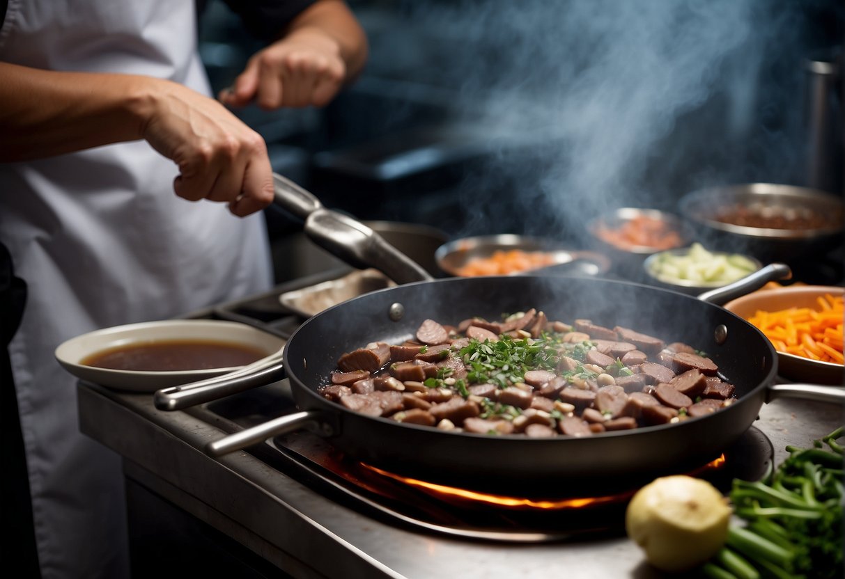A chef is sautéing duck liver with Chinese spices in a sizzling wok, creating a tantalizing aroma. Surrounding ingredients like garlic, ginger, and soy sauce are ready to be added for the perfect flavor enhancement