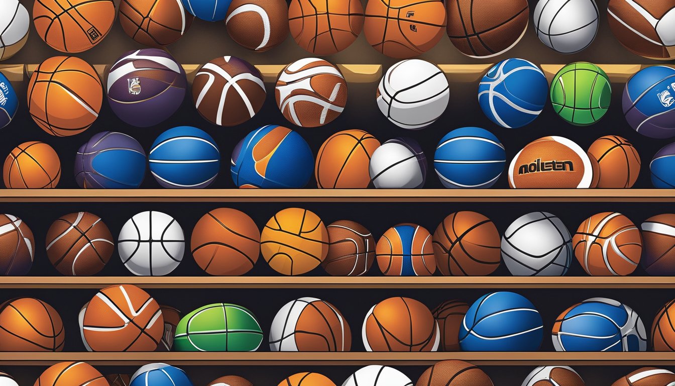 A sports store in Singapore sells molten basketballs, displayed on a well-lit shelf with other sports equipment. The logo and vibrant colors of the basketball catch the eye