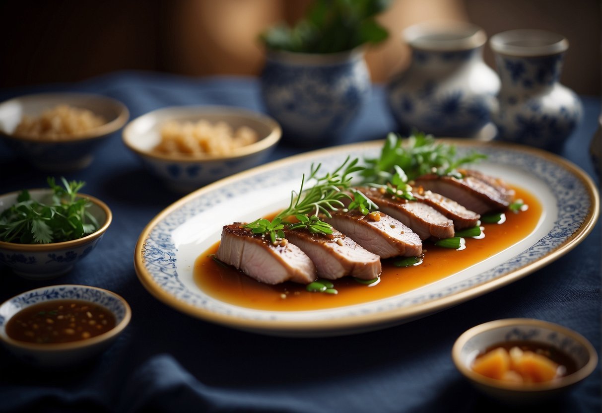 A platter of seared duck liver, garnished with fresh herbs and served on a bed of delicate Chinese porcelain