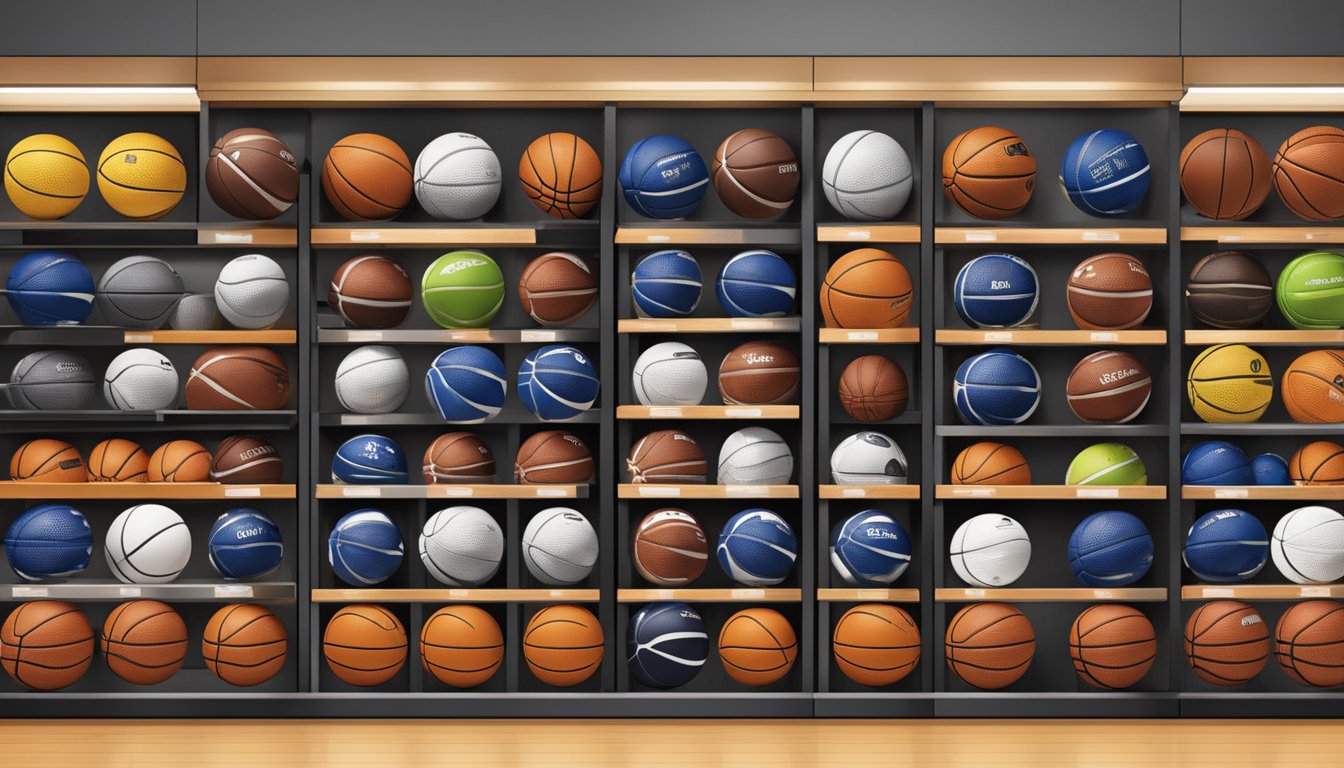 A sports store in Singapore displays shelves of molten basketballs in various sizes and colors, with price tags and promotional signs